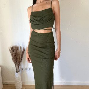 Bauchfreies Kleid  mit Bindebändern - Khaki