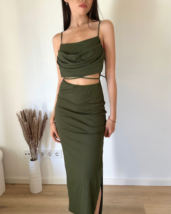 Bauchfreies Kleid  mit Bindebändern - Khaki