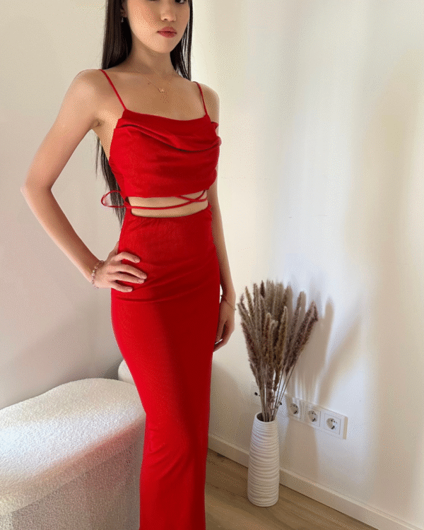 Bauchfreies Kleid mit Bindebändern-Rot