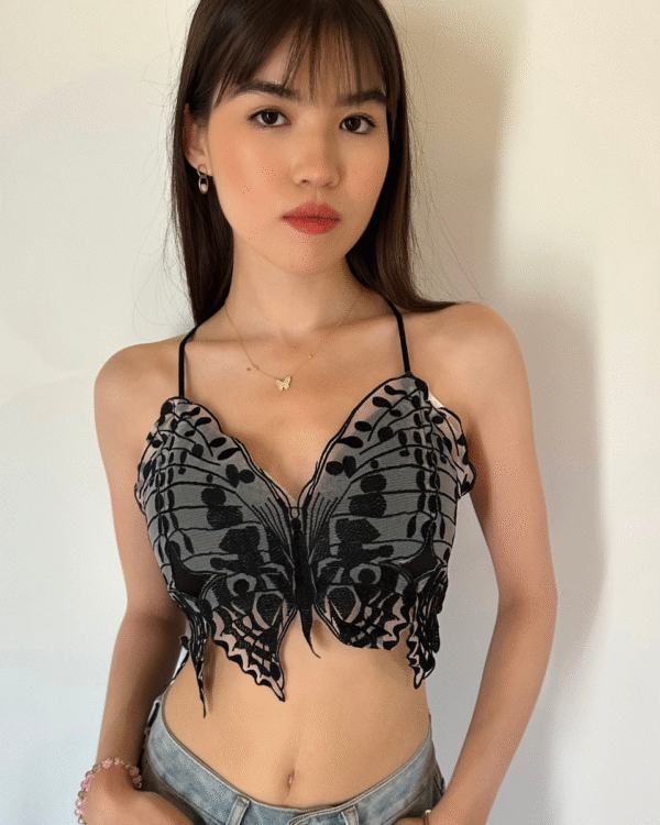 Buntes Crop- Top mit  Schmetterling - Schwarz-Grau