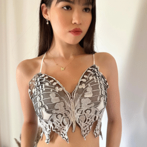 Buntes Crop- Top mit  Schmetterling-Weiß-Schwarz