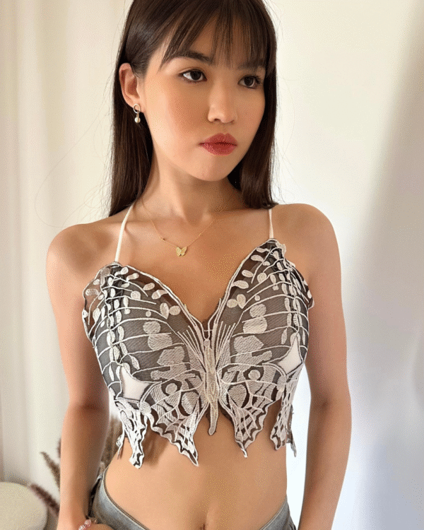 Buntes Crop- Top mit  Schmetterling-Weiß-Schwarz