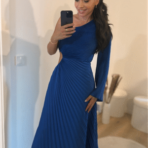 Assymetrisches plissiertes Satin-Abendkleid mit einem langen Ärmel-Blau