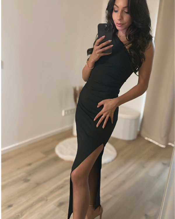 Schwarzes, figurformendes One-Shoulder-Kleid mit Raffung-schwarz
