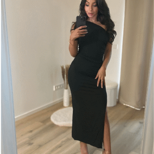Schwarzes, figurformendes One-Shoulder-Kleid mit Raffung
