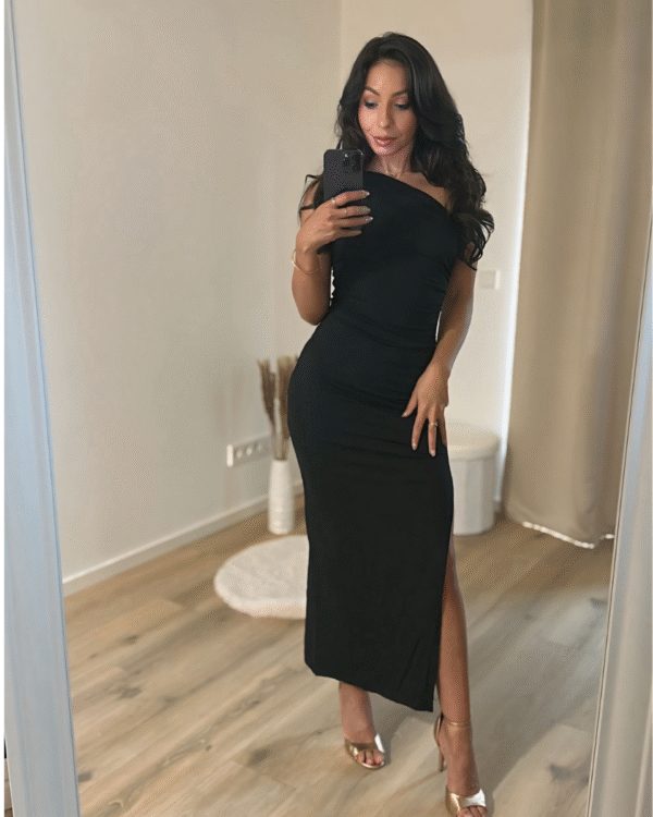 Schwarzes, figurformendes One-Shoulder-Kleid mit Raffung