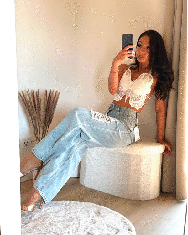 Rückenfreies Crop-Top mit Schmetterlings- motiv- Weiß