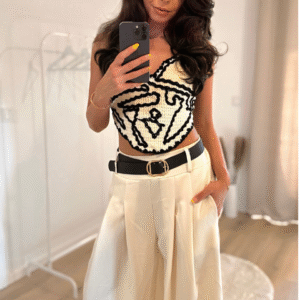 Strick-Crop-Top mit Rückenschleife-Beige-Schwarz