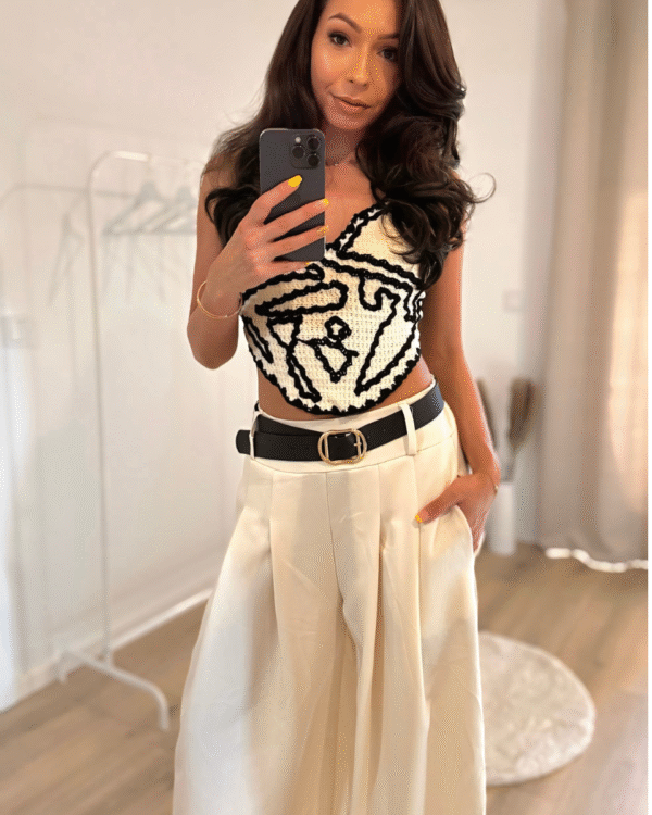 Strick-Crop-Top mit Rückenschleife-Beige-Schwarz